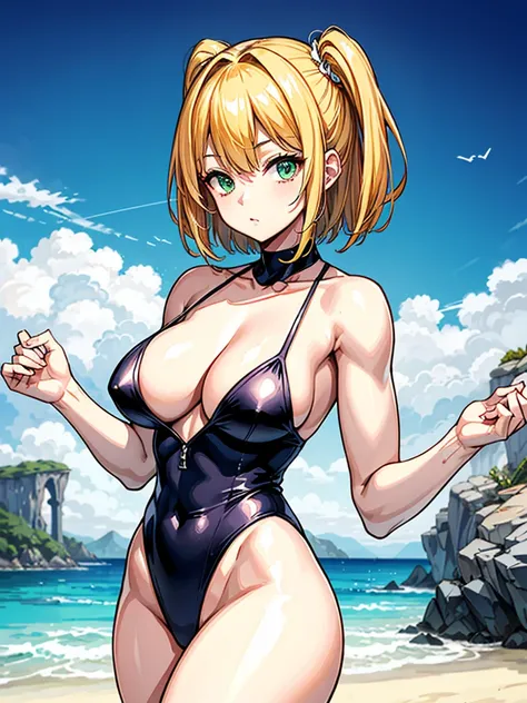 （（（masterpiece、Highest image quality、highest quality、highly detailed unity 8ｋwallpaper）））、（（Illustration of one girl））、（（（beautiful girl）））、（（blonde、short hair、two side up：1.4、sidelocks：1.6、green eyes））、（（（stocky build：1.5, thickset physique：1.6, muscular ...