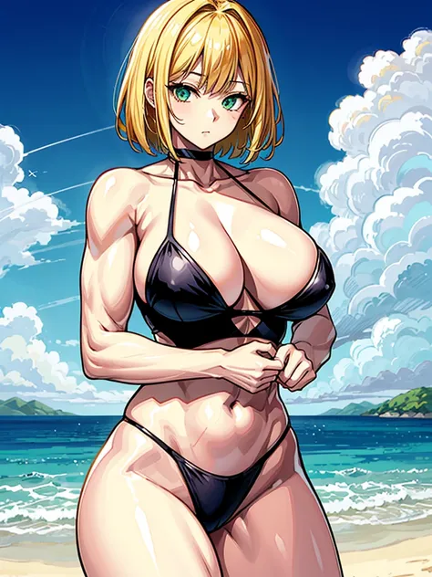 （（（masterpiece、Highest image quality、highest quality、highly detailed unity 8ｋwallpaper）））、（（Illustration of one girl））、（（（beautiful girl）））、（（blonde、short hair、two side up：1.4、sidelocks：1.6、green eyes））、（（（stocky build：1.5, thickset physique：1.6, muscular ...