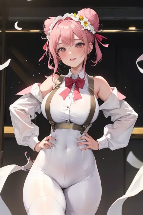 masterpiece、The best、1 female student、White cloth bun bun bun、Shoulder leakage、big breasts、chubby、Smile、White suspenders、lace leggings、light pink lips、posing at school，（Soaked all over），legs are open， solo, White polo shirt, looking at the audience,  (Thic...