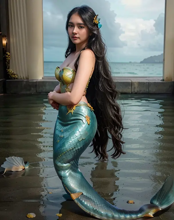 mermaid wear kebaya, mermaid, yellow kebaya, 1girl, long hair, black hair, black eyes, sea, , looking at viewer, cute,