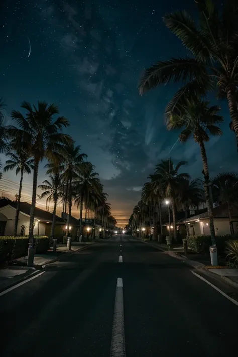 dark skys stars palm trees roads 