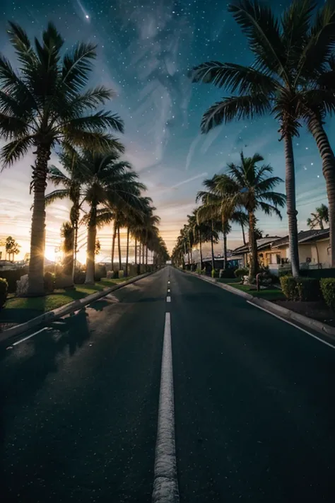 dark skys stars palm trees roads 