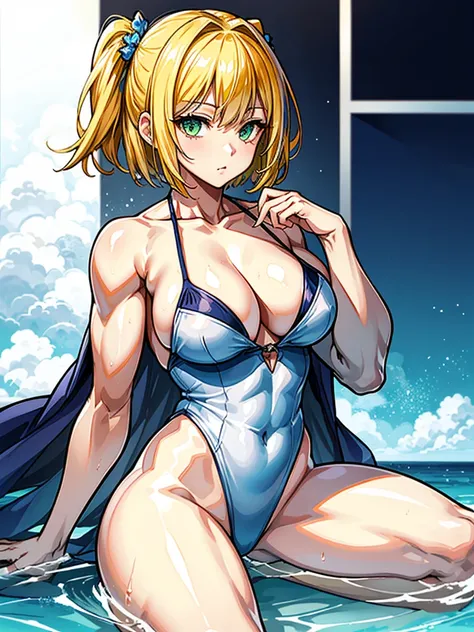 （（（masterpiece、Highest image quality、highest quality、highly detailed unity 8ｋwallpaper）））、（（Illustration of one girl））、（（（beautiful girl）））、（（blonde、short hair、two side up：1.4、sidelocks：1.6、green eyes））、（（（stocky build：1.5, thickset physique：1.6, muscular ...