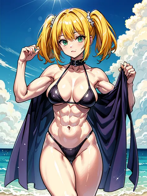 （（（masterpiece、Highest image quality、highest quality、highly detailed unity 8ｋwallpaper）））、（（Illustration of one girl））、（（（beautiful girl）））、（（blonde、short hair、two side up：1.4、sidelocks：1.6、green eyes））、（（（stocky build：1.5, thickset physique：1.6, muscular ...