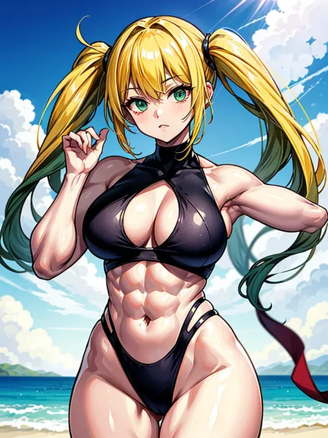 （（（masterpiece、Highest image quality、highest quality、highly detailed unity 8ｋwallpaper）））、（（Illustration of one girl））、（（（beautiful girl）））、（（blonde、two side up：1.4、sidelocks：1.6、green eyes））、（（（stocky build：1.5, thickset physique：1.6, muscular legs, broad...