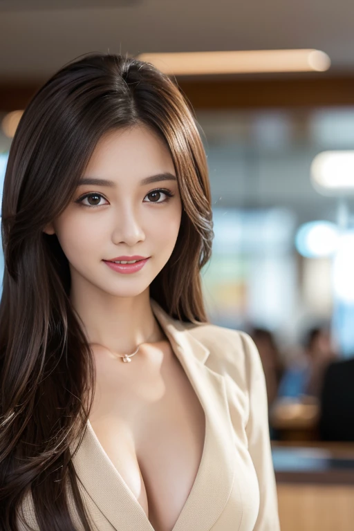 table top, highest quality, realistic, super detailed, finely, High resolution, 8k wallpaper, 1 beautiful woman,, light brown messy hair, wearing a business suit, sharp focus, perfect dynamic composition, beautiful and fine eyes, fine hair, Detailed realis...