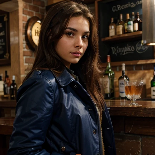 18 year old slim latina woman with brown hair wearing blue coat in a bar