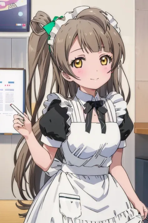 (((pixel perfect, detail perfect))), alone, 1 girl, kotori minami,  smile,maid, maid headdress, maid apron,coffee shop,wink whil...