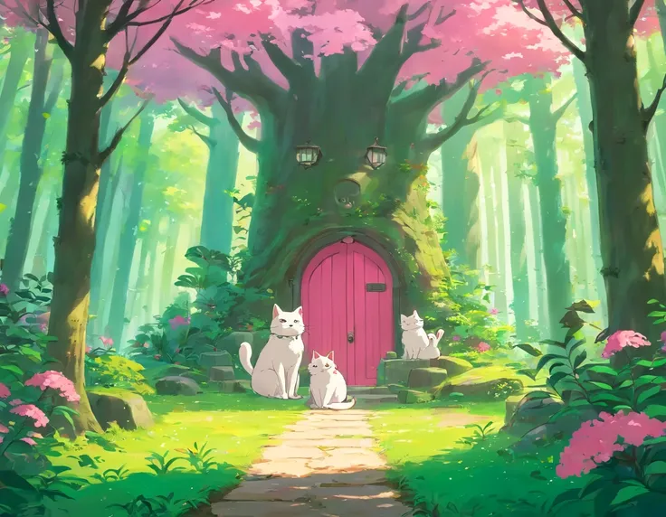 Twitch banner image, ghibli style, pink/green forest with lots of cats, with a sign that spells Kiezell, 