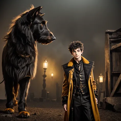 1 male, teenager, boy, child, aristocrat, black short spiked hair, dark yellow vest, brown/black dusty dishelved coat, ochre eyes, collar on the neck, cane with mace-tip, nearby huge irish wolfhound, noir style, easygoing, smirking, smile, torn coat