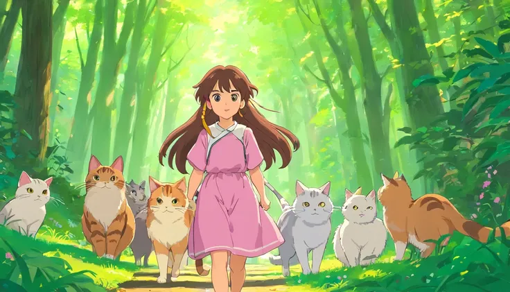 Twitch banner image, ghibli style, pink/green forest with lots of cats, with 1 girl with long brown hair, with a big wooden sign with writing that spells kiezell. 