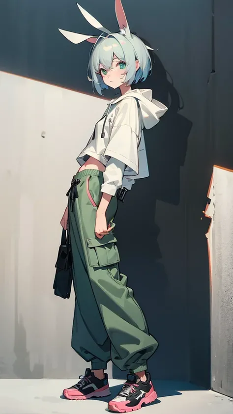 illustration, 2.5D, flat colors: 1.3, Line-Art, black and white, (detailed lights, detailed shadows), a woman in a white shirt and green pants posing for a photo, Cai Xukun, An epic non-binary model, baggy clothes and bunny ears, wearing cargo pants, physi...