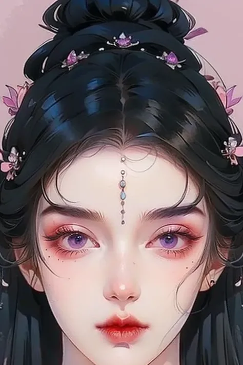 A woman with black wavy hair and purple eyes, Black alien armor, freckle, blush, eye shadow, cute face