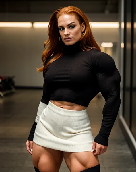 Nicole Bass, ginger spice, Generate a full length fashion portrait of a heavily muscled iff pro female bodybuilder , her makeup, hair, she  dressed in a tight fluffy woolen sweater, tight miniskirt, white knee high socks, lighting, environment