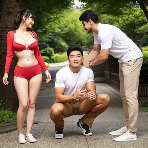 1 male、1 female，Very large bust and tight waist, And a beautiful Japanese woman with very big hips....，Japanese man of medium height，Naked woman squatting with legs wide open，a naked man stands in front of a woman、Show off your big erect crotch，Naked woman...