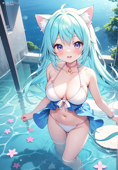 a woman in a bikini and cat ears  standing in the water, seductive anime girl, beautiful alluring anime woman, beautiful anime girl, beautiful anime woman, perfect android girl, attractive anime girl, nightcore, anime goddess, beautiful alluring anime , be...