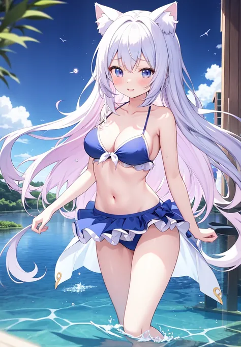 a woman in a bikini and cat ears  standing in the water, seductive anime girl, beautiful alluring anime woman, beautiful anime girl, beautiful anime woman, perfect android girl, attractive anime girl, nightcore, anime goddess, beautiful alluring anime , be...