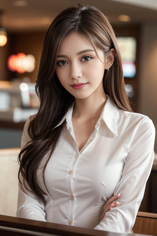 table top, highest quality, realistic, Super detailed, finely, High resolution, 8k wallpaper, 1 beautiful woman,, light brown messy hair, wearing a business suit, sharp focus, perfect dynamic composition, beautiful and detailed eyes, thin hair, Detailed re...