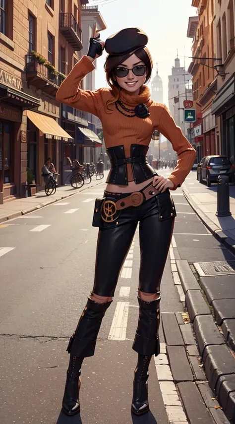 (masterpiece, best quality:1.2), cowboy shot, solo, 1girl, coco adel, grin, looking at viewer, hand on hip, beret, sunglasses, orange sweater, corset, black gloves, pants, jewelry, belt, bandolier standing in street, steampunk city, tall buildings