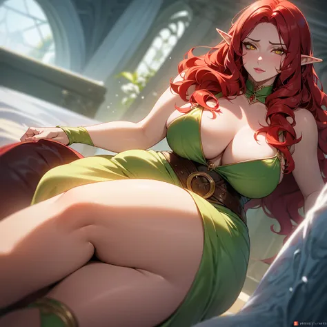 ((I want an alone elf woman milf, with wavy red hair and cold yellow eyes, curvy body, beauty dress, a cold expression))