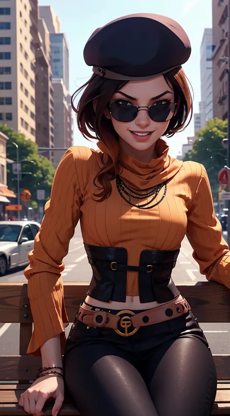 (masterpiece, best quality:1.2), cowboy shot, solo, 1girl, coco adel, grin, looking at viewer, hand on hip, beret, sunglasses, orange sweater, corset, black gloves, pants, jewelry, belt, bandolier sitting on bench, on street, cyberpunk city, tall buildings