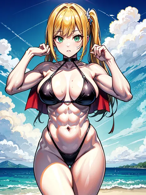 （（（masterpiece、Highest image quality、highest quality、highly detailed unity 8ｋwallpaper）））、（（Illustration of one girl））、（（（beautiful girl）））、（（blonde、two side up、sidelocks：1.6、green eyes））、（（（tall：1.4、stocky build：1.6, thickset physique：1.7, muscular legs, ...