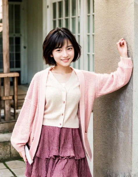 Japanese beautiful girl、14 years old、hatsuharu、light pink cardigan、layered very short hair、Spinning、black hair、bitter smile、long skirt、