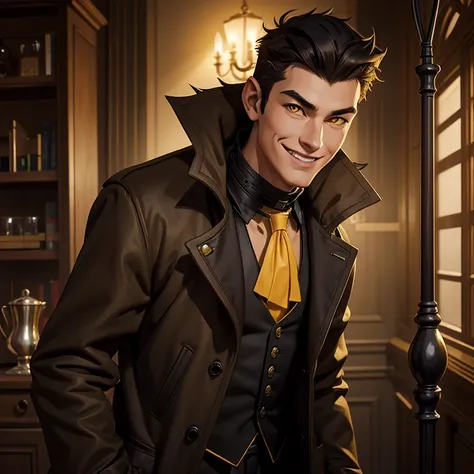 1 yong smile boy, teenager, boy, young, aristocrat, black short spiked hair, dark yellow vest, brown/black dusty dishelved coat, yellow eyes, collar on the neck, cane with mace-tip, nearby huge irish wolfhound, noir style, easygoing, smirking, smile, torn ...