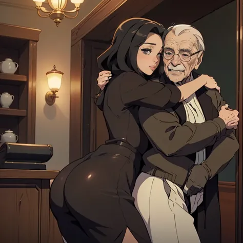 (((Beautiful woman with a big sexy ass hugging a 90 year old man))), mulher de vestido sexy, sala mobiliada, (((90 year old man hugging a woman))), corpo inteiro, olhos azuis