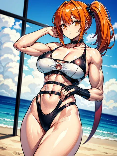 （（（masterpiece、Highest image quality、highest quality、highly detailed unity 8ｋwallpaper）））、（（Illustration of one girl））、（（（beautiful girl）））、（（orange hair、side ponytail：1.4、sidelocks：1.6、orange eyes））、（（（stocky build：1.5, thickset physique：1.6, muscular leg...