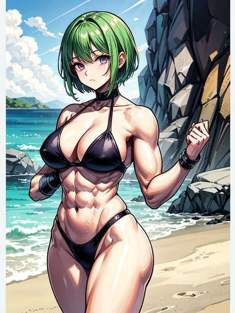 （（（masterpiece、Highest image quality、highest quality、highly detailed unity 8ｋwallpaper）））、（（Illustration of one girl））、（（（beautiful girl）））、（（green hair、pixie cut：1.5、sidelocks、purple eyes））、（stocky build, thickset physique, muscular legs：1.5, broad should...