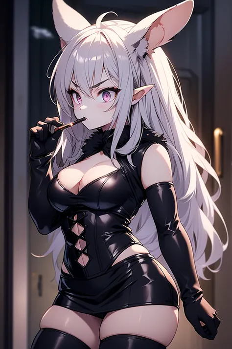 busty rabbit girl with dark grey fur, low ears, mean face, smoking, big natural breasts, large ass and thighs, small waist, tight skimpy black leather corset dress, tight leather thigh highs