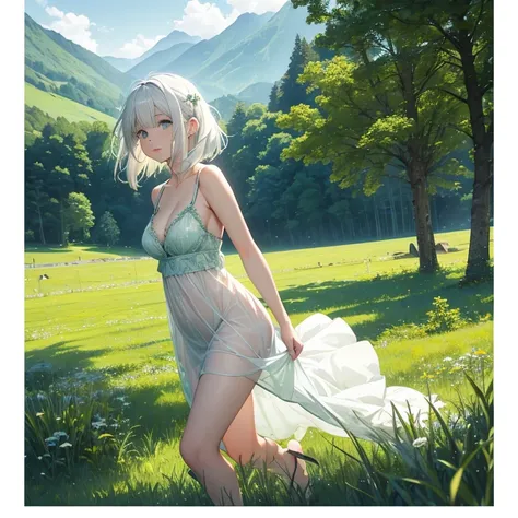 On a green meadow，A beautiful white-haired girl standroken behind her，A green forest stretches out，Mountains in the distance。 Breaking the effect that best suits this scene  the watercolor technique，to capture the softness of the grass and the fluidity of ...