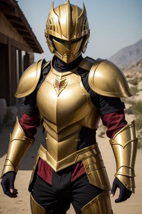 a young male, 18 years old, {{{slightly tanned skin and black hair and green eyes without clothes and with an athletic body}}},{{{with light red armor and gold details}}} , {{{holding the armors helmet in his hands}}}, {{{no clothes underneath the armor}}}