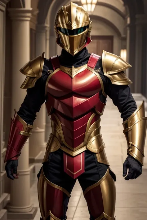 a young male, 18 years old, {{{slightly tanned skin and black hair and green eyes without clothes and with an athletic body}}},{{{with light red armor and gold details}}} , {{{holding the armors helmet in his hands}}}, {{{no clothes underneath the armor}}}