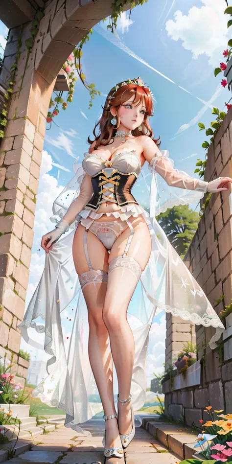 (((from below))),princess daisy jiggly fat round belly voluptuous body, sfw concept art, sexy girl, white haircut, extremely det...