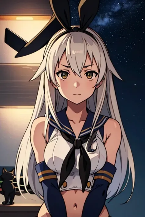 hyper detailed, perfect anatomy, extremely detailed and delicate, 1 girl, shimakaze(kancolle), night sky, stars, milkyway, with a black cat,