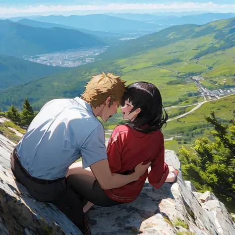 A couple having a heated argument on top of a mountain