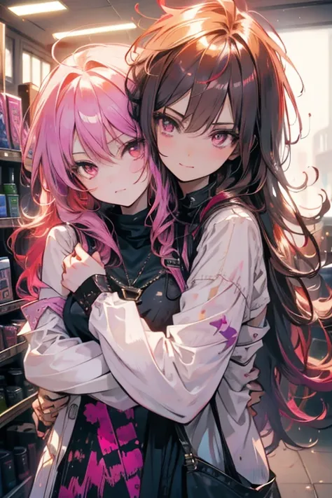 a brown haired female vampire with red eyes is hugging a pink haired woman with violet eyes in a shop