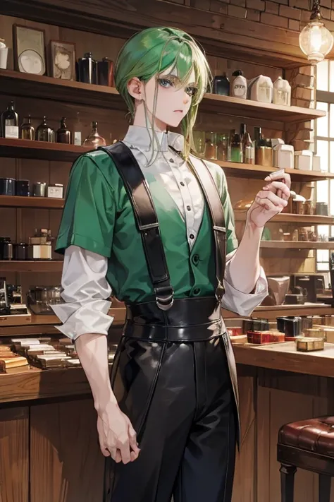 an emerald haired man with caramel eyes is standing in a leather shop