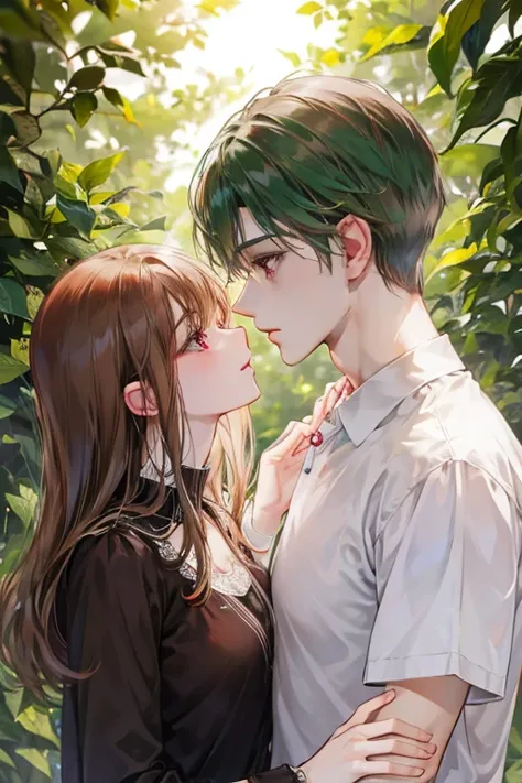 an emerald haired man with caramel eyes is kissing a brown haired woman with red eyes
