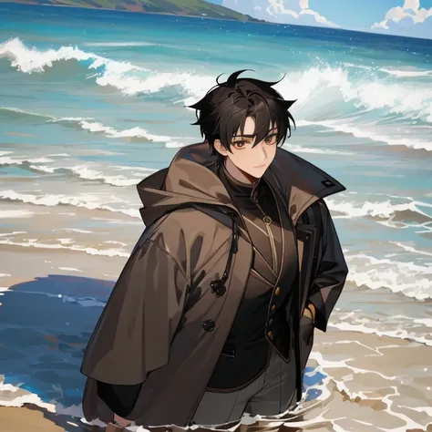 The selkie, a young adult male with dark brown eyes and black hair, Irish, wearing a very detailed seal skin coat, large eyes, large Iris and pupils, by the beach, 