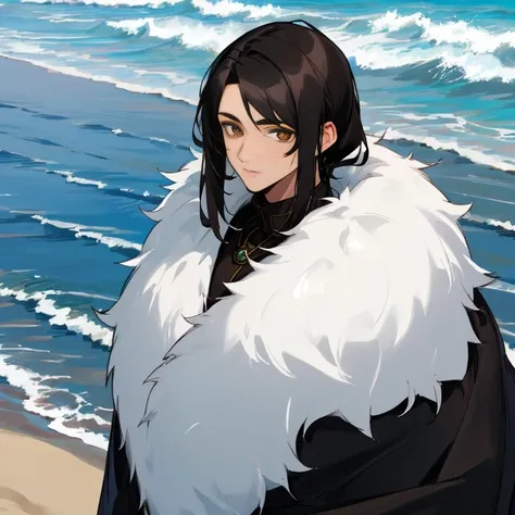 The selkie, a young adult male with dark brown eyes and black hair, Irish, wearing a very detailed seal skin coat, large eyes, large Iris and pupils, by the beach, 