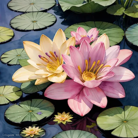 (((watercolor flowers))), lotuses and lillies, serene pond