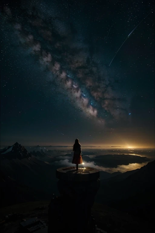 A girl stands on the edge of a majestic space station, com vista para a curvatura da Terra abaixo, as the dazzling stars of the Milky Way paint the backdrop of its stunning panoramic view,