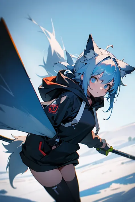 a young teenage girl with wolf ears, her hair is blue with white streaks. she has a hoodie and has ski goggles hanging from her neck. very kind eyes and has a wolf tail