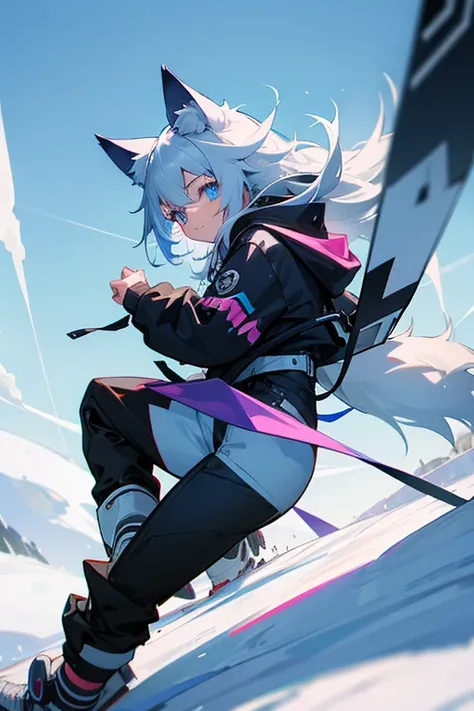 a young teenage girl with wolf ears, her hair is blue with white streaks. she has a hoodie and has ski goggles hanging from her neck. very kind eyes and has a wolf tail