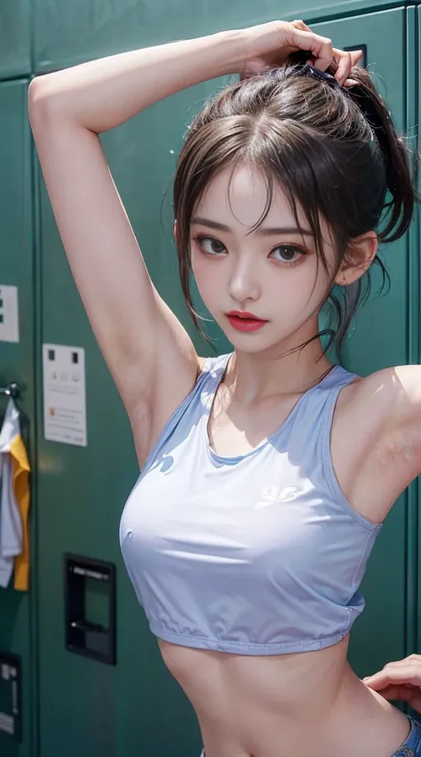 ((armpitのポーズ、armpit、armpit、masterpiece, best image quality, High resolution, armpitのシワ:1.4、solo、small breasts、track and field sleeveless uniform、track and field athlete, On the field、high ponytail hairstyle、locker room、athletics stadium、solo、No bra、Full bo...