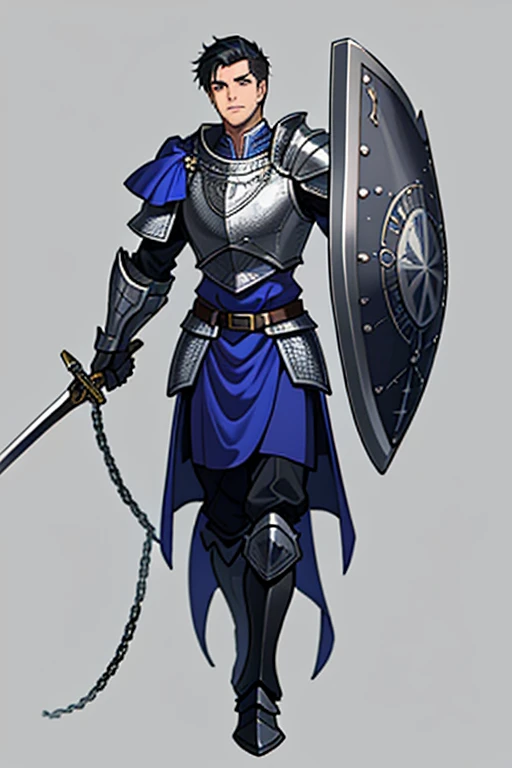 １male、metal armor、full body armor、without a helmet、full plate mail、chain mail、chainmail、one-handed sword、broadsword、rhombus shie...