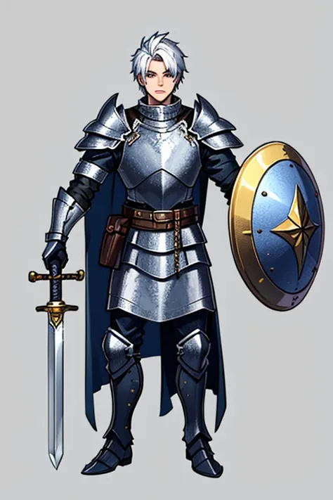 １male、metal armor、full body armor、without a helmet、full plate mail、chain mail、chainmail、one-handed sword、broadsword、rhombus shie...